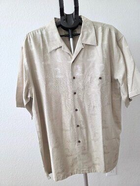 CABANA MENS XL BEIGE JACQUARD PALM AND SAILBOAT DESIGN SHORT SLEEVE SHIRT